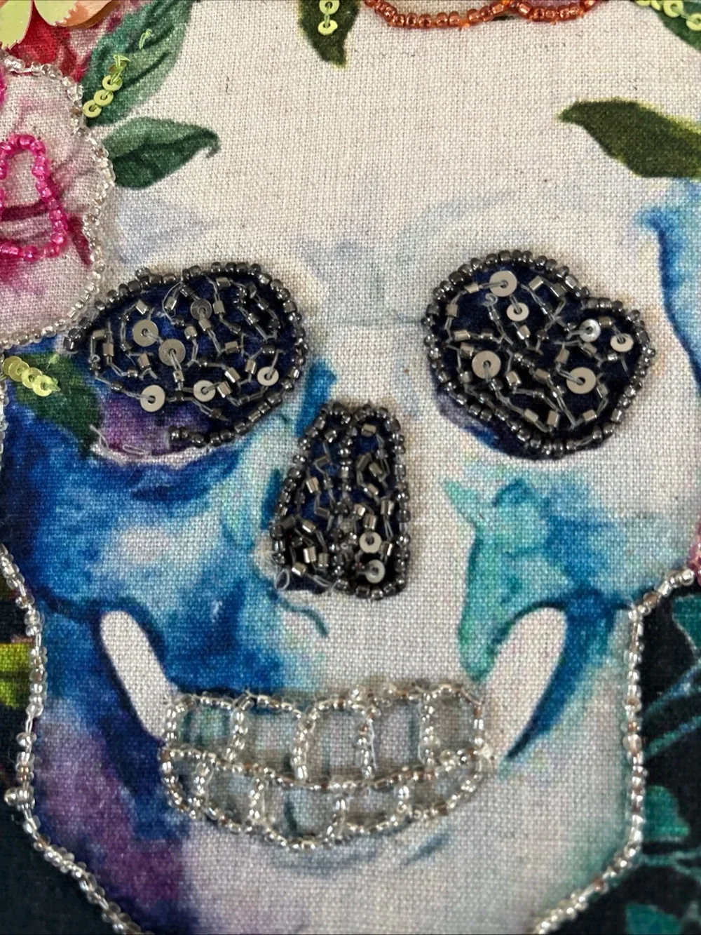 Beautiful Beaded Art Framed Skull, Floral, Day Of Dead/ Halloween Framed